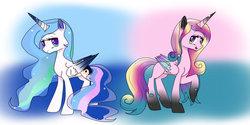 Size: 1264x632 | Tagged: safe, artist:mlpfimcp, oc, oc only, oc:lovely crystal, oc:solar eclipse, alicorn, hybrid, pony, alicorn oc, ethereal mane, interspecies offspring, magical lesbian spawn, offspring, parent:princess cadance, parent:princess celestia, parent:princess luna, parent:queen chrysalis, parents:cadalis, parents:princest, product of incest