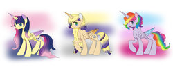 Size: 1413x565 | Tagged: safe, artist:mlpfimcp, oc, oc only, oc:chocolate rain, oc:diamond fruit, oc:starwing, alicorn, pony, alicorn oc, female, horn, magical lesbian spawn, mare, offspring, parent:applejack, parent:fluttershy, parent:pinkie pie, parent:rainbow dash, parent:rarity, parent:twilight sparkle, parents:pinkiedash, parents:rarijack, parents:twishy, wings