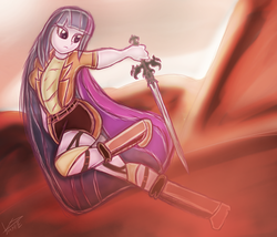 Size: 1200x1028 | Tagged: safe, artist:vipeydashie, twilight sparkle, equestria girls, g4, desert, female, humanized, solo, sword, weapon