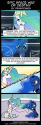 Size: 511x1562 | Tagged: safe, artist:drawponies, princess celestia, princess luna, g4, comic, cute, female, frown, funny, glare, hair over one eye, hoof hold, open mouth, pew pew, playing, smiling, spaceship, toy