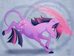 Size: 2238x1678 | Tagged: safe, artist:littlehybridshila, twilight sparkle, classical unicorn, g4, female, horn, leonine tail, magic, solo, style emulation