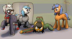 Size: 1280x695 | Tagged: safe, artist:the-furry-railfan, oc, oc only, oc:minty candy, oc:tom neighrer, oc:twintails, cyborg, earth pony, ghoul, pegasus, pony, unicorn, fallout equestria, fallout equestria: occupational hazards, broken leg, fallen, glasses, pipbuck, story