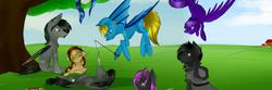 Size: 1500x500 | Tagged: safe, oc, oc only, bat pony, changeling, pegasus, pony, banner, blank flank, needs more jpeg