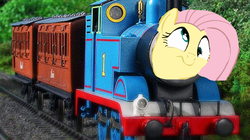 Size: 874x490 | Tagged: safe, fluttershy, g4, derp, fluttertrain, thomas the tank engine