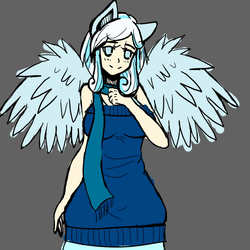 Size: 1024x1024 | Tagged: safe, artist:valik, oc, oc only, oc:snowdrop, human, breasts, busty snowdrop, clothes, eared humanization, female, humanized, humanized oc, older, older snowdrop, scarf, sketchy, solo, winged humanization