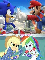 Size: 454x599 | Tagged: source needed, safe, applejack, rainbow dash, equestria girls, g4, my little pony equestria girls: rainbow rocks, applejack and rainbow dash playing, crossover, exploitable meme, male, mario, meme, nintendo, sonic the hedgehog, sonic the hedgehog (series), super mario, super smash bros., super smash bros. 4, video game