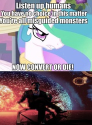 Size: 752x1023 | Tagged: safe, alicorn, human, pony, fanfic:the conversion bureau, a canterlot wedding, g4, my little pony: friendship is magic, exploitable meme, mass effect, mass effect 2, meme, the conversion bureau, the illusive man, xenolestia