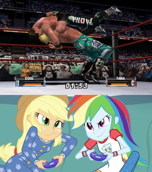 Size: 841x951 | Tagged: safe, applejack, rainbow dash, equestria girls, g4, applejack and rainbow dash playing, edge, exploitable meme, meme, no mercy, taka michinoku, wwe, wwf, wwf no mercy