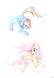 Size: 1107x1600 | Tagged: dead source, safe, artist:mlpanon, fluttershy, rainbow dash, pegasus, pony, g4, duo, feather, pretty, ribbon, simple background, white background, windswept mane