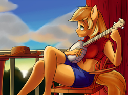 Size: 1720x1280 | Tagged: safe, artist:skecchiart, applejack, earth pony, anthro, g4, banjo, belly button, female, musical instrument, sitting, solo