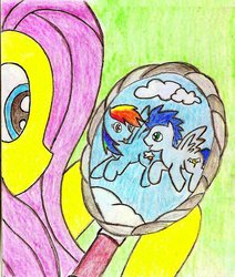 Size: 822x971 | Tagged: safe, artist:fanshipping713, fluttershy, rainbow dash, soarin', g4, female, male, mirror, old cutie mark, ship:soarindash, shipping, straight, traditional art