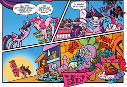 Size: 1913x1310 | Tagged: safe, artist:brenda hickey, edit, idw, pinkie pie, spike, twilight sparkle, wheat grass, alicorn, pony, friends forever #12, g4, my little pony: friends forever, spoiler:comic, comic, female, mare, pretzel, the end, this will end in weight gain, twilight sparkle (alicorn), wingding eyes