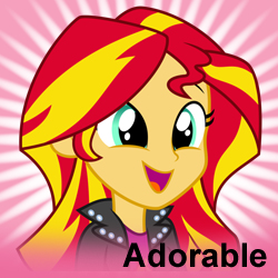 Size: 250x250 | Tagged: safe, sunset shimmer, derpibooru, equestria girls, g4, my little pony equestria girls: rainbow rocks, clothes, cute, green eyes, jacket, leather jacket, meta, open mouth, shimmerbetes, shimmersmile, smiling, spoilered image joke, when she smiles