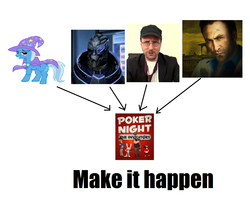 Size: 1322x1056 | Tagged: safe, trixie, human, pony, rabbit, unicorn, g4, animal, cape, clothes, crossover, exploitable meme, female, garrus vakarian, hat, heavy weapons guy, impact font, make it happen, male, mare, mass effect, max (sam and max), meme, nick, nostalgia critic, poker night at the inventory, sam and max, simple background, smiling, strong bad, team fortress 2, trixie's cape, trixie's hat, tycho brahe, white background