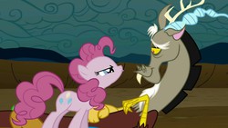 Size: 1024x576 | Tagged: safe, screencap, discord, pinkie pie, g4, the return of harmony, angry, discorded