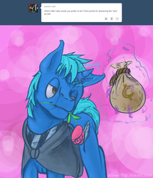 Size: 1024x1193 | Tagged: safe, artist:silver-tip, oc, oc only, oc:silver tip, pony, unicorn, 2014, ask, cloak, clothes, dungeons and dragons, looking away, magic, money, reply, rogue, roleplaying, rose, scarf, thief, tumblr