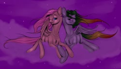 Size: 1280x731 | Tagged: safe, artist:bruised, fluttershy, oc, oc:highdive, g4, cloud, cloudy