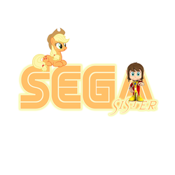 Size: 1056x1056 | Tagged: safe, artist:segasister, applejack, g4, alex kidd, crossover, logo, pegasister, prone, pun, sega