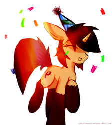 Size: 1280x1430 | Tagged: safe, artist:crutonart, oc, oc only, oc:rho, pony, unicorn, confetti, cute, eyes closed, female, floppy ears, happy, happy birthday, hat, open mouth, party hat, signature, simple background, sketch, smiling, solo, white background