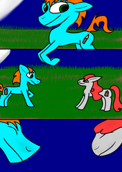 Size: 2480x3508 | Tagged: safe, artist:spyrorulez, oc, oc only, pony, comic, duo, eyes closed, grass, high res, long muzzle, looking at each other, looking at someone, looking right, moon, night, pencil, raised hoof, smiling, standing, wat, weird