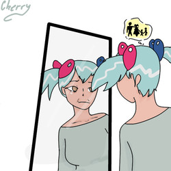 Size: 595x594 | Tagged: safe, artist:cherry, oc, oc only, oc:hope, satyr, crying, mirror, offspring, parent:lyra heartstrings, solo