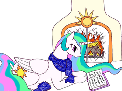 Size: 800x600 | Tagged: safe, artist:celestialsapphire, princess celestia, alicorn, pony, g4, book, clothes, female, fireplace, scarf, slippers, solo