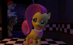 Size: 895x558 | Tagged: safe, applejack, fluttershy, rainbow dash, pony, robot, robot pony, five nights at aj's, g4, 3d, animatronic, applefreddy, applefreddy fazjack's pizzeria, creepy, female, five nights at freddy's, flutterchica, foxy dash, group, looking at you, solo focus, worried