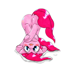Size: 1000x1000 | Tagged: safe, artist:ushiro no kukan, pinkie pie, earth pony, pony, g4, butt, female, pixiv, plot, silly, silly pony, solo, tongue out, underhoof, upside down, wet, wet mane