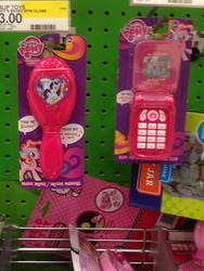 Size: 2448x3264 | Tagged: safe, pinkie pie, rainbow dash, rarity, g4, cellphone, female, hairbrush, high res, irl, merchandise, music brush, my little pony logo, phone, photo, rainbow power, toy, toy cellphone, toy hair brush, toy phone