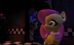 Size: 885x534 | Tagged: safe, fluttershy, rainbow dash, pony, robot, robot pony, five nights at aj's, g4, 3d, animatronic, applefreddy, applefreddy fazjack's pizzeria, creepy, female, five nights at freddy's, flutterchica, foxy dash, group, looking at you, solo focus