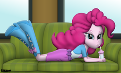 Size: 7031x4213 | Tagged: safe, artist:kiowa213, pinkie pie, equestria girls, g4, absurd resolution, bedroom eyes, boots, clothes, couch, drinking straw, female, looking at you, milkshake, signature, sipping, skirt, solo