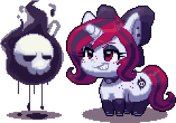 Size: 628x440 | Tagged: artist needed, safe, oc, oc only, oc:bubbles, oc:lilith, pony, unicorn, bow, chibi, clothes, collar, earring, freckles, gloves, horn, pixel art, shadow, simple background, skull, smiling, solo, transparent background, unicorn oc
