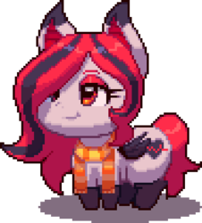 Size: 380x420 | Tagged: artist needed, safe, edit, oc, oc only, oc:arrhythmia, bat pony, bat pony oc, bat wings, clothes, eyeshadow, makeup, pixel art, scarf, shadow, smiling, solo, stockings, upscaled, wings