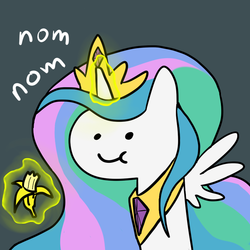 Size: 800x800 | Tagged: safe, artist:godofsteak, princess celestia, alicorn, pony, g4, banana, dot eyes, eating, female, food, glowing, glowing horn, horn, levitation, magic, magic aura, mare, nom, onomatopoeia, solo, spread wings, telekinesis, wings