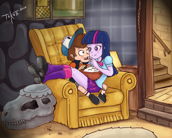 Size: 1537x1236 | Tagged: safe, artist:tokatl, twilight sparkle, equestria girls, g4, age difference, blushing, boyfriend and girlfriend, chair, clothes, crossover, crossover shipping, diplight, dipper pines, female, fossil, gravity falls, having a moment, leg warmers, legs, male, miniskirt, pleated skirt, popcorn, public display of affection, shipping, shoes, skirt, skull, straight