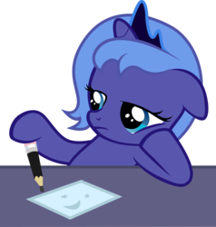 Size: 1430x1500 | Tagged: safe, princess luna, g4, bored, cute, female, filly, floppy ears, frown, lunabetes, moon, paper, pencil, simple background, solo, stars, transparent background, vector, woona, younger