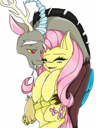 Size: 1024x1360 | Tagged: safe, artist:anglafireflare, discord, fluttershy, g4, blushing, cute, discute, female, hug from behind, male, ship:discoshy, shipping, shyabetes, straight