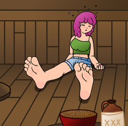 Size: 1517x1486 | Tagged: safe, artist:fem-a, berry punch, berryshine, human, g4, barefoot, belly button, blushing, clothes, drunk, feet, foot fetish, foot focus, humanized, midriff, soles, tank top, toes