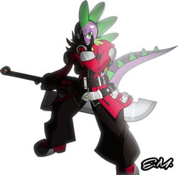 Size: 779x764 | Tagged: safe, artist:the-equestrian-mist, spike, dragon, anthro, g4, belts, blazblue, crossover, male, older, older spike, ragna the bloodedge, scar, solo, spike the number one bloodedge, stupid sexy spike, sword, teenage spike, teenaged dragon, teenager