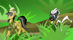 Size: 1825x1000 | Tagged: safe, artist:mad'n evil, daring do, oc, oc:zurie, zebra, zebstrika, series:the adventures of chubby daring do, g4, jungle, pokémon, ponified, ponymon, sequence, the ass was fat, weight gain