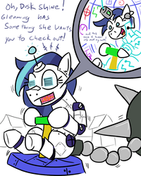 Size: 800x1000 | Tagged: safe, artist:jargon scott, shining armor, g4, creepy shield, gleaming shield, mecha, rule 63, sit-and-spin