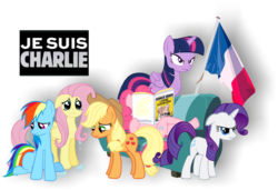 Size: 840x576 | Tagged: safe, applejack, fluttershy, pinkie pie, rainbow dash, rarity, twilight sparkle, alicorn, pony, g4, charlie hebdo, couch, crying, female, flag, france, french, je suis charlie, magazine, mane six, mare, sad, simple background, transparent background, twilight sparkle (alicorn)