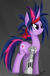 Size: 848x1280 | Tagged: safe, artist:annieroshino, artist:novaspark, artist:thegothmod, twilight sparkle, cyborg, pony, g4, alternate hairstyle, alternate universe, bandana, future twilight, prosthetics, solo, spiky mane