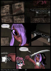 Size: 757x1056 | Tagged: safe, artist:helenasherzblut, pinkie pie, oc, oc:ruby crow, fanfic:silent ponyville, g4, comic, katana, lost memories, sword, weapon