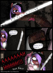 Size: 761x1051 | Tagged: safe, artist:helenasherzblut, pinkie pie, oc, oc:ruby crow, g4, comic, katana, lost memories, screaming, sword, weapon