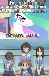 Size: 636x986 | Tagged: safe, princess celestia, alicorn, human, pony, fanfic:the conversion bureau, a canterlot wedding, g4, my little pony: friendship is magic, anime, azumanga daioh, exploitable meme, facepalm, meme, reaction, the conversion bureau, xenolestia