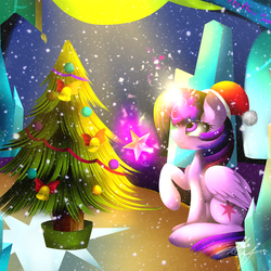 Size: 3000x3000 | Tagged: safe, artist:thelyuba1211, twilight sparkle, alicorn, pony, g4, christmas, christmas tree, female, glowing horn, hat, high res, holiday, horn, magic, mare, new year, santa hat, solo, telekinesis, tree, twilight sparkle (alicorn), twilight's castle