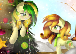 Size: 2800x2000 | Tagged: safe, artist:thelyuba1211, carrot top, golden harvest, oc, oc:wooden toaster, g4, christmas tree, glazetop, high res, ponyville, snow, snowfall, tree, woodentoaster r63