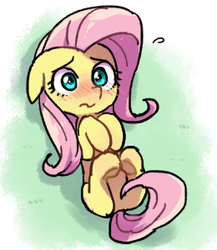 Size: 260x300 | Tagged: dead source, safe, artist:baekgup, fluttershy, pegasus, pony, g4, anxiety, blushing, cute, female, floppy ears, folded wings, hooves to the chest, looking at something, mare, nervous, nervous sweat, on back, shyabetes, solo, sweat, underhoof, wavy mouth, wings