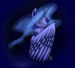 Size: 1280x1167 | Tagged: safe, artist:btbunny, princess luna, alicorn, anthro, g4, ethereal mane, eyes closed, female, solo, starry mane, wings